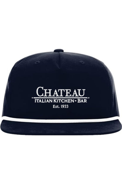 Navy blue snapback rope cap with white Chateau Italian Kitchen + Bar embroidery and a flat bill.