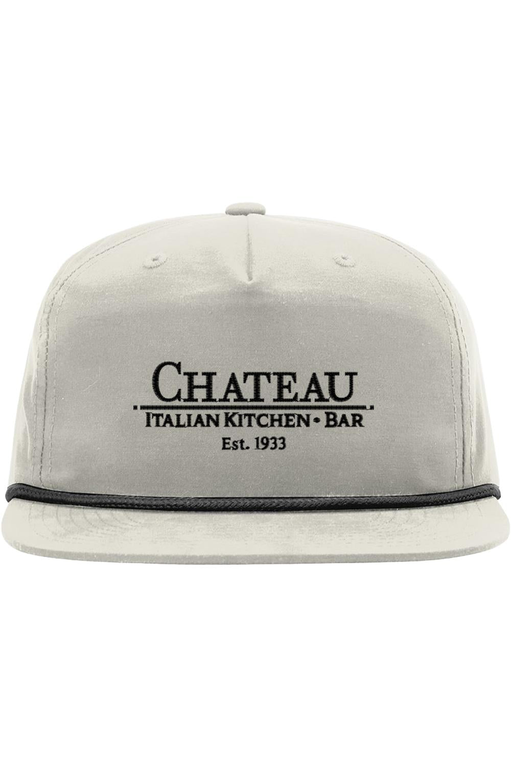 Light gray five-panel snapback cap with a black rope detail and embroidered Chateau Italian Kitchen + Bar logo.