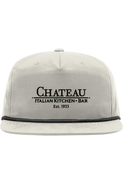 Light gray five-panel snapback cap with a black rope detail and embroidered Chateau Italian Kitchen + Bar logo.