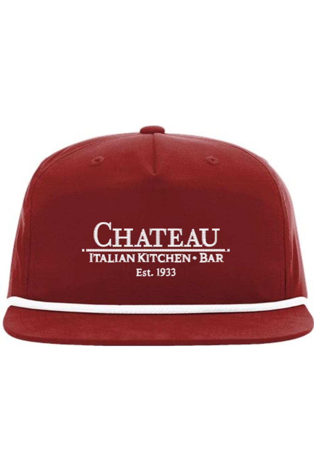 Maroon five-panel snapback rope cap with white Chateau Italian Kitchen + Bar embroidery and a flat bill.
