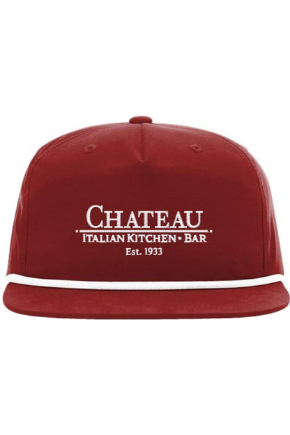 Maroon five-panel snapback rope cap with white Chateau Italian Kitchen + Bar embroidery and a flat bill.