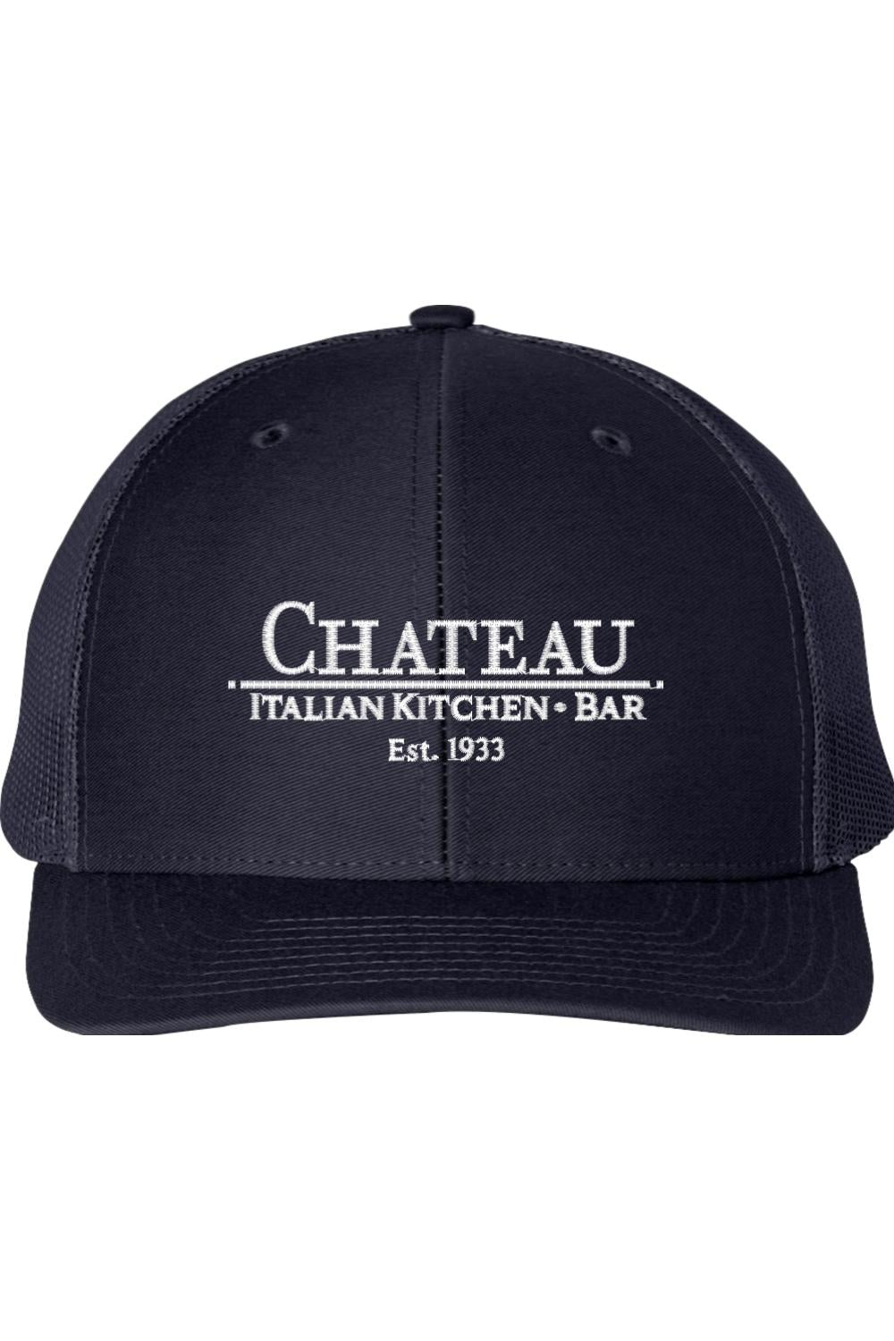 Navy blue structured trucker cap with white Chateau Italian Kitchen + Bar logo embroidery and breathable mesh back.