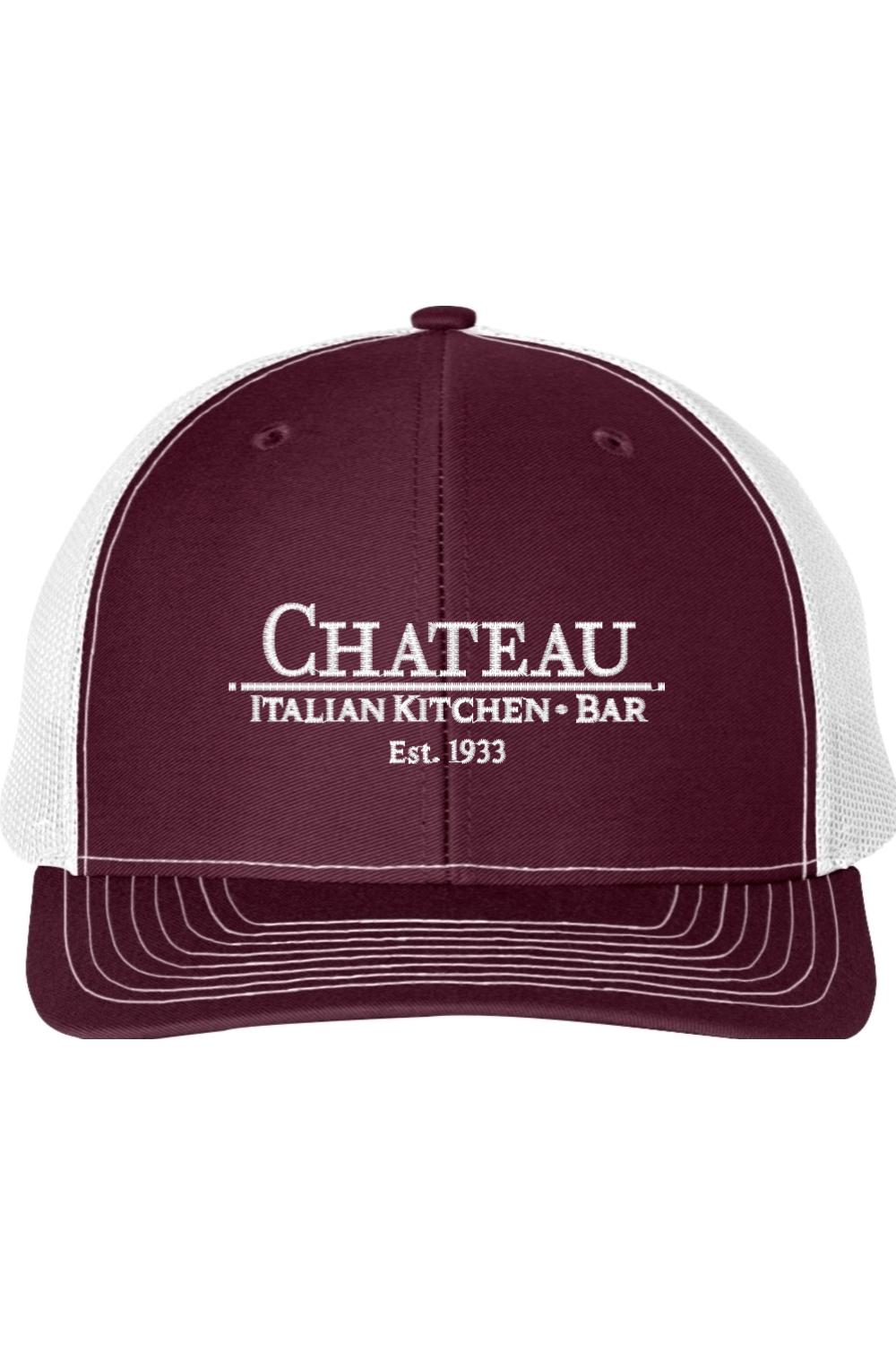 Maroon and white trucker cap with Chateau Italian Kitchen + Bar logo, structured six-panel design, and mesh back.
