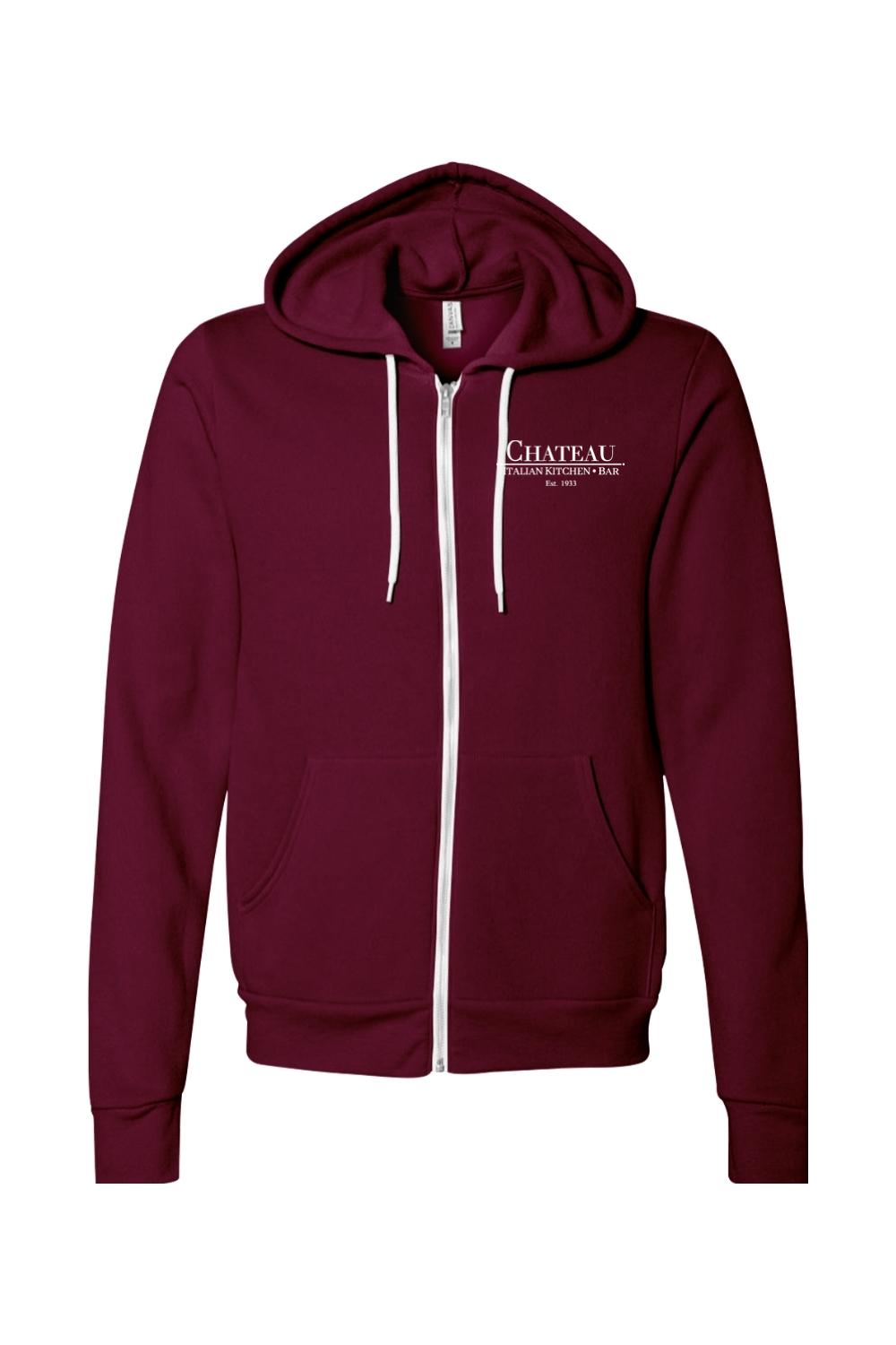 Maroon sponge fleece full-zip hoodie with white drawstrings and Chateau Italian Kitchen & Bar logo on chest.