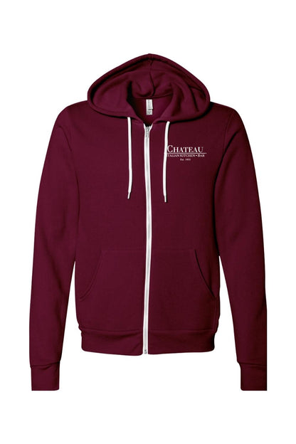 Maroon sponge fleece full-zip hoodie with white drawstrings and Chateau Italian Kitchen & Bar logo on chest.