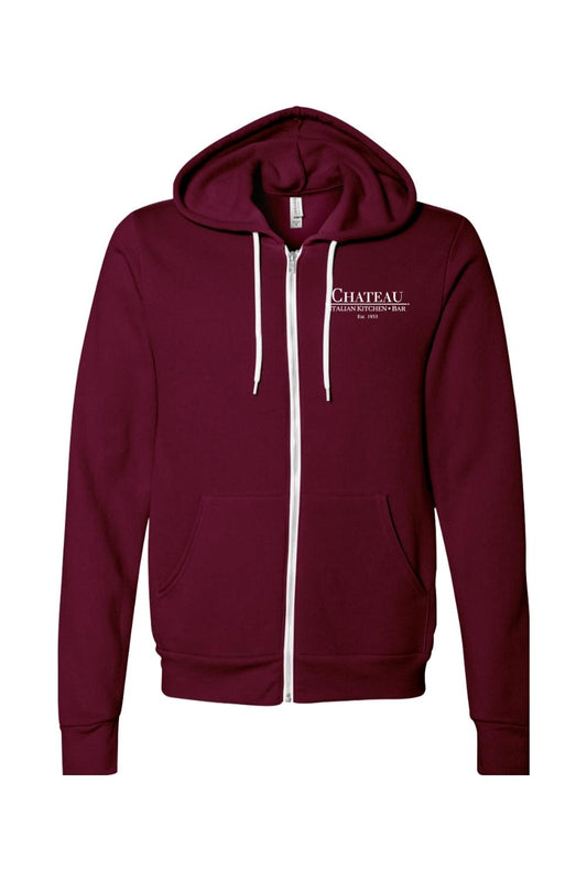 Maroon sponge fleece full-zip hoodie with white drawstrings and Chateau Italian Kitchen & Bar logo on chest.