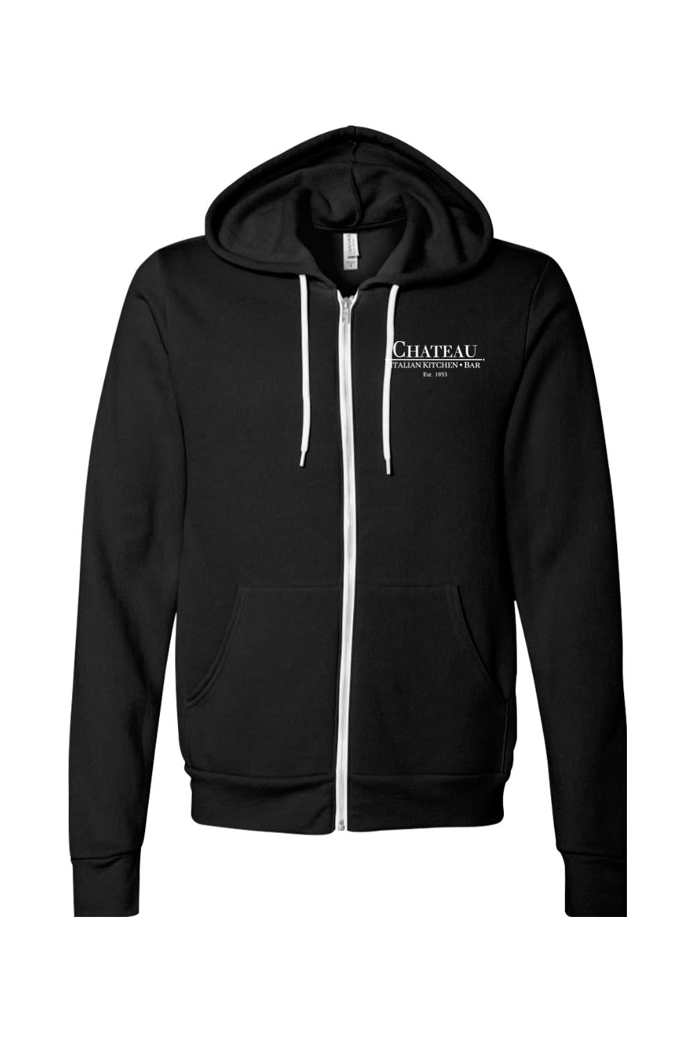 Black sponge fleece full-zip hoodie with white drawstrings and Chateau Italian Kitchen & Bar logo on the chest.