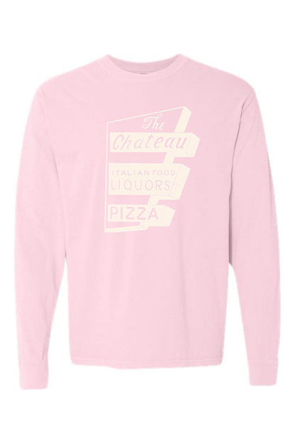 Light pink Comfort Colors long sleeve unisex t-shirt featuring a vintage The Chateau Italian food sign graphic.