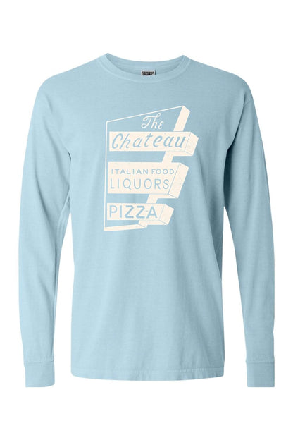 Light blue Comfort Colors long sleeve t-shirt featuring a vintage The Chateau Italian Food and Pizza graphic.