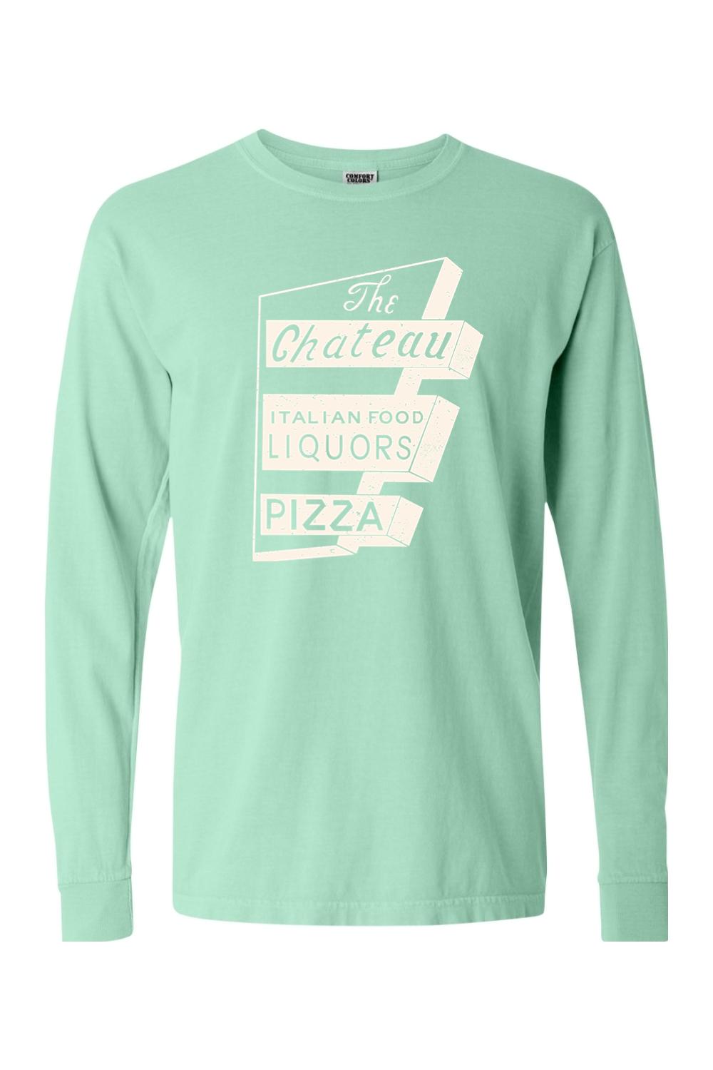 Mint green Comfort Colors long sleeve unisex t-shirt featuring a vintage Chateau Italian food and pizza sign graphic.