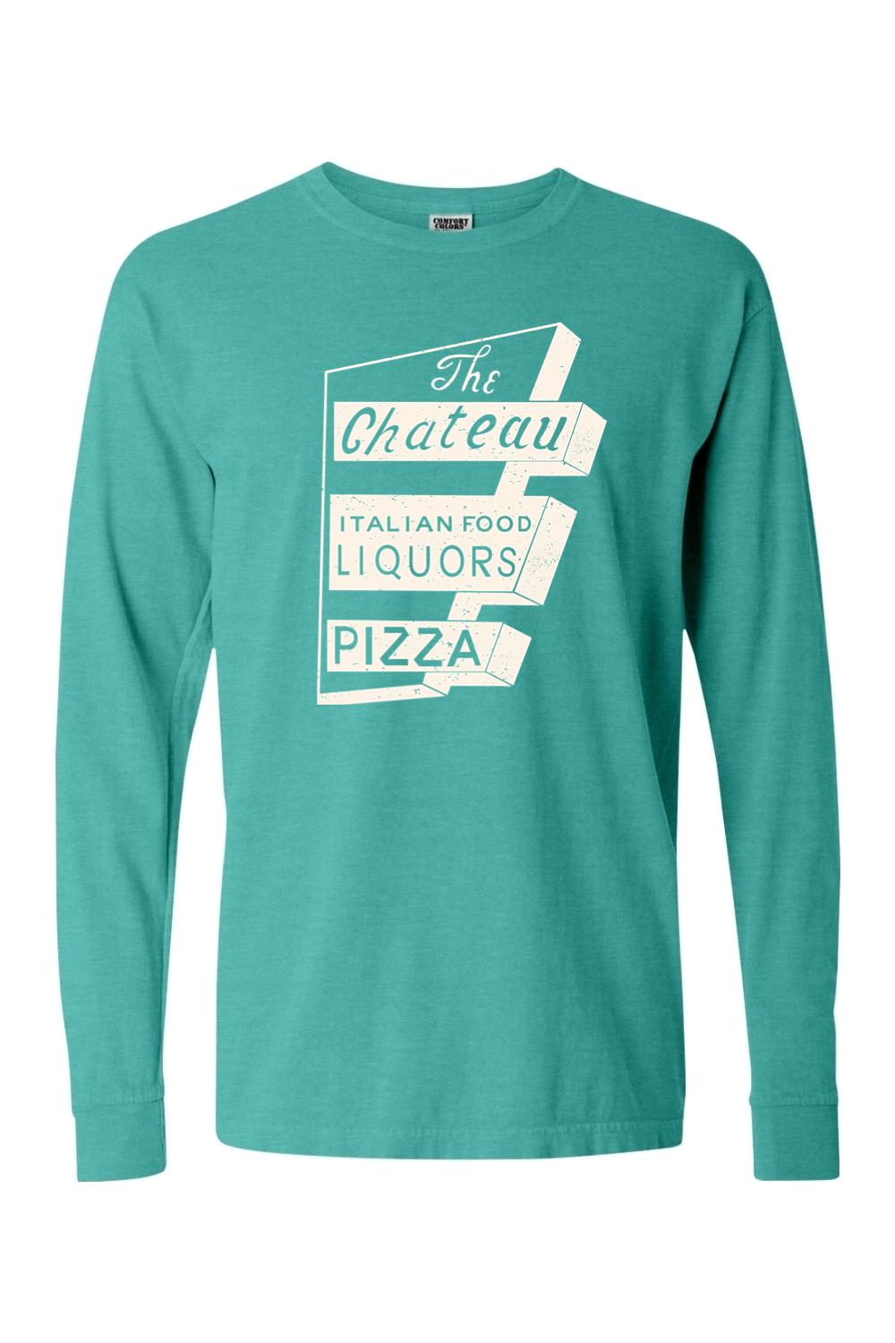 Teal Comfort Colors long sleeve unisex t-shirt featuring a vintage Chateau Italian Food and Pizza graphic print.