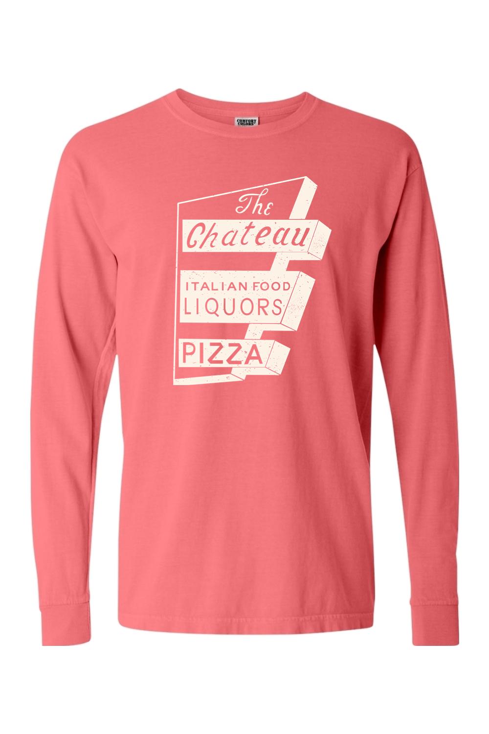 Coral Comfort Colors long sleeve unisex t-shirt featuring a white vintage Chateau Italian Food and Pizza sign graphic.