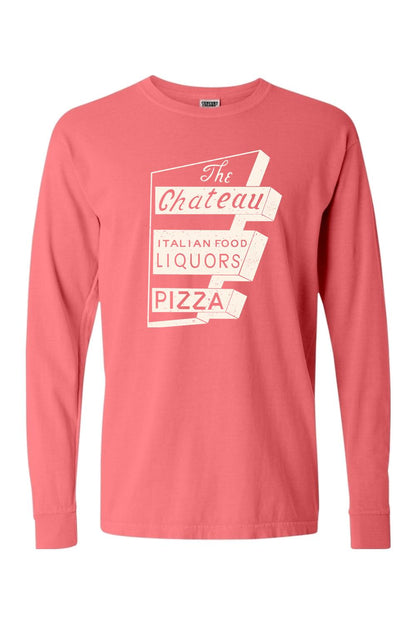 Coral Comfort Colors long sleeve unisex t-shirt featuring a white vintage Chateau Italian Food and Pizza sign graphic.