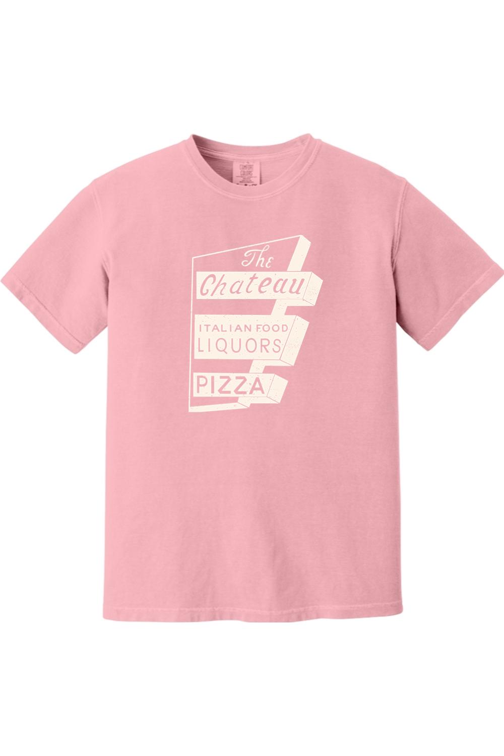 Soft pink Comfort Colors unisex t-shirt featuring a vintage Chateau Italian food and pizza sign graphic.