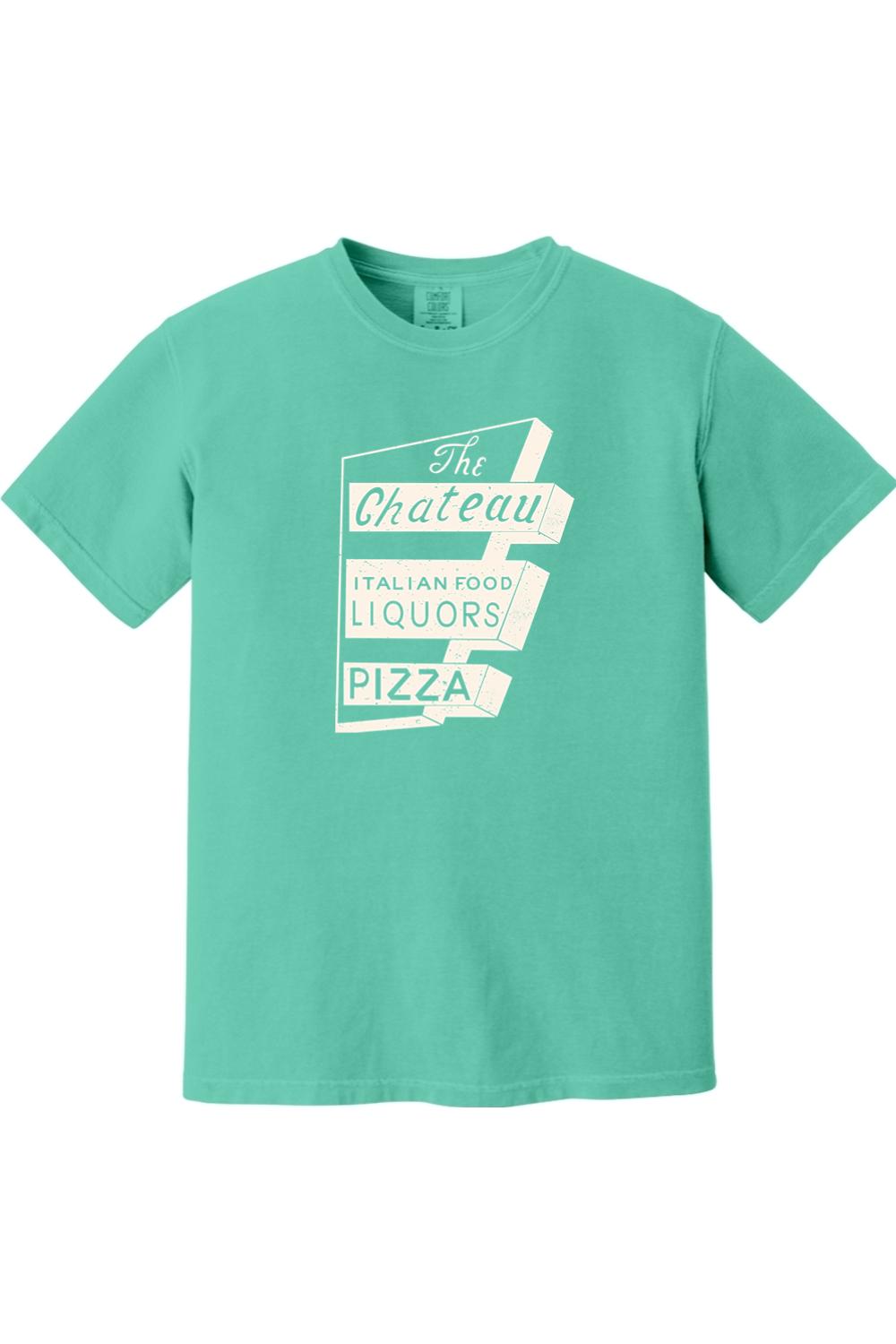 Mint green Comfort Colors unisex t-shirt featuring a vintage white Chateau Italian Food and Pizza sign graphic.
