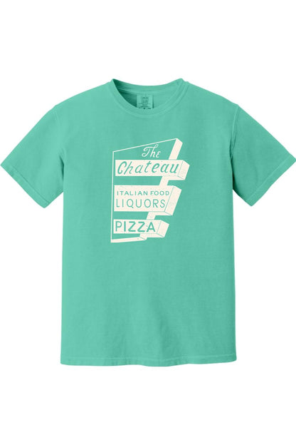 Mint green Comfort Colors unisex t-shirt featuring a vintage white Chateau Italian Food and Pizza sign graphic.