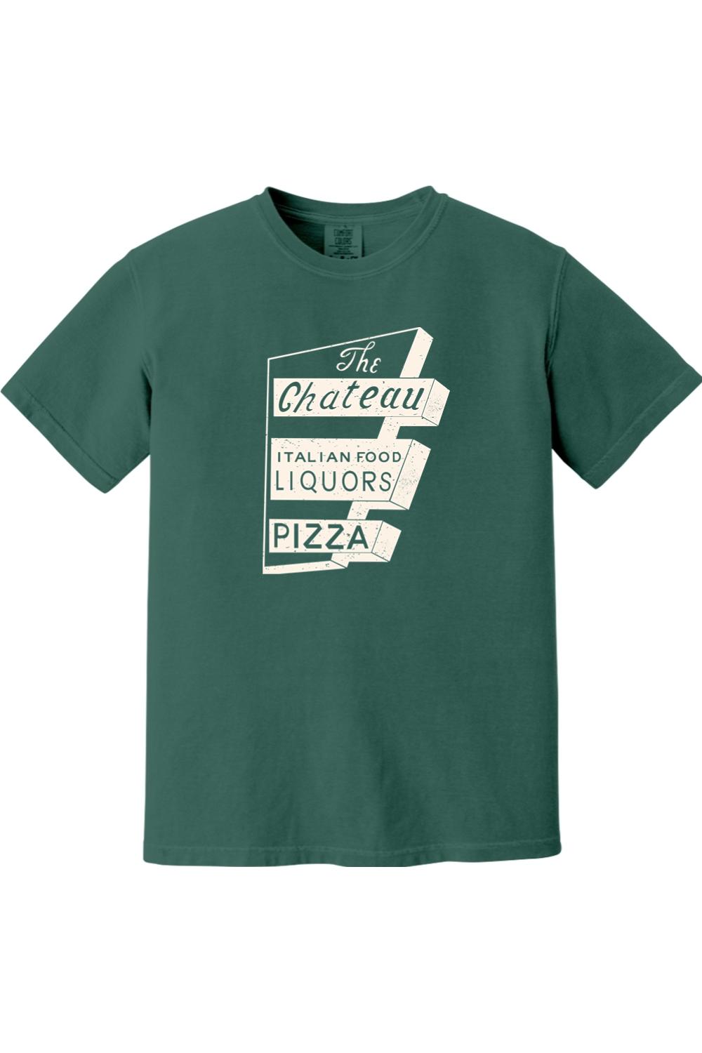 Forest green Comfort Colors unisex t-shirt featuring a white retro The Chateau Italian Food and Pizza sign graphic.