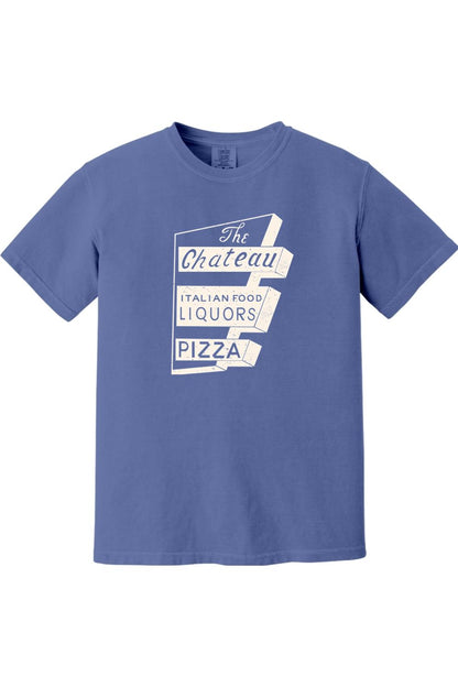 Periwinkle blue Comfort Colors unisex t-shirt featuring a vintage white Chateau Italian Food and Pizza graphic.