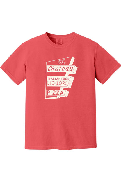 Coral Comfort Colors unisex t-shirt featuring a vintage white Chateau Italian Food and Pizza sign graphic.