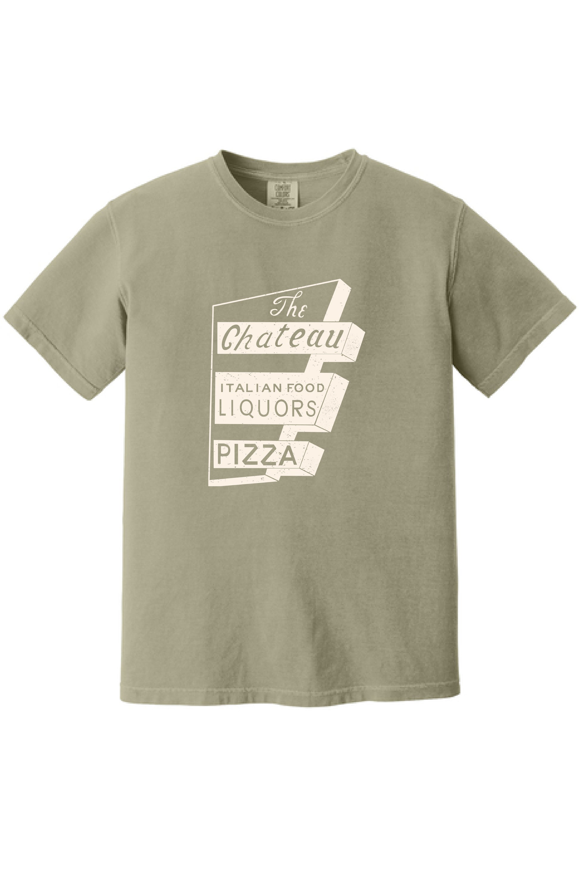 Sage green Comfort Colors unisex t-shirt featuring a vintage white Chateau Italian Food and Pizza graphic print.