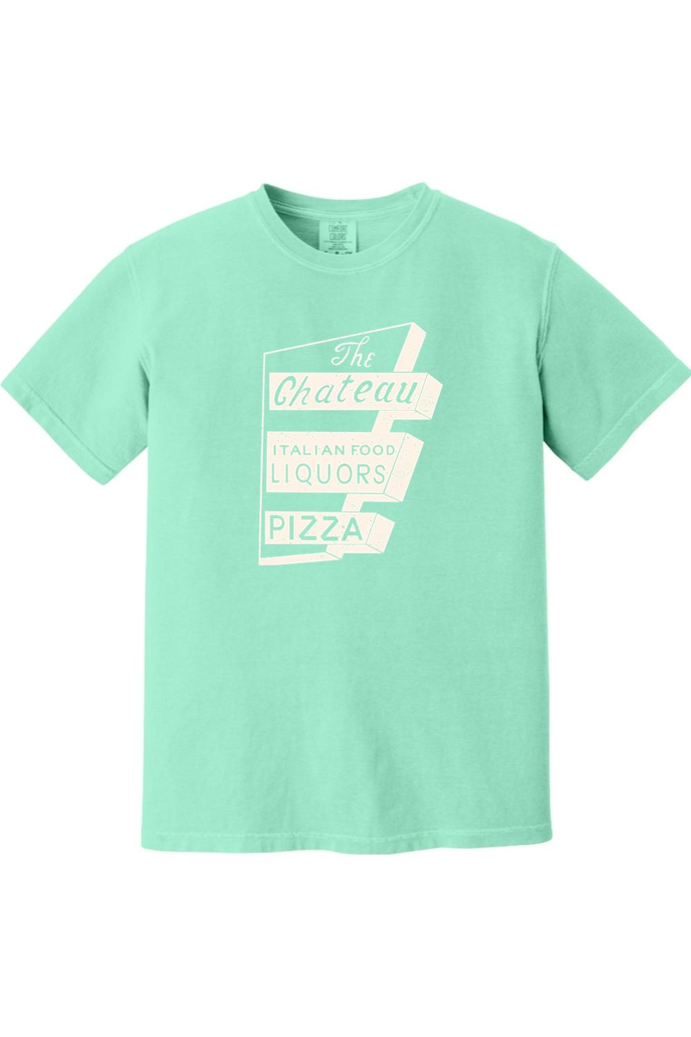 Mint green Comfort Colors unisex t-shirt featuring a retro The Chateau Italian Food and Pizza sign graphic.