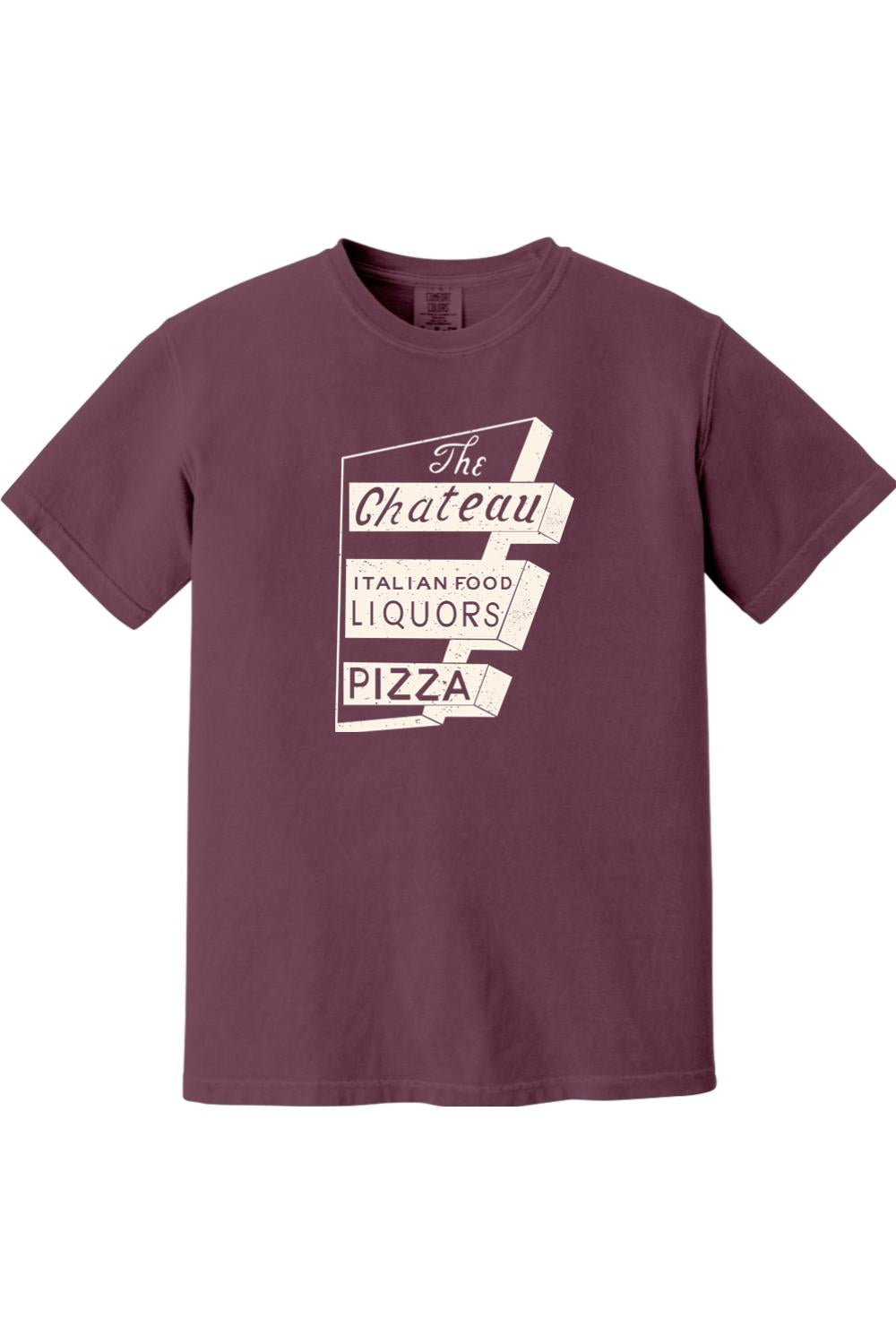 Burgundy Comfort Colors ringspun cotton t-shirt featuring a vintage The Chateau Italian Food and Pizza sign graphic.