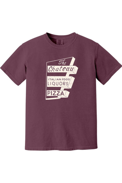 Burgundy Comfort Colors ringspun cotton t-shirt featuring a vintage The Chateau Italian Food and Pizza sign graphic.