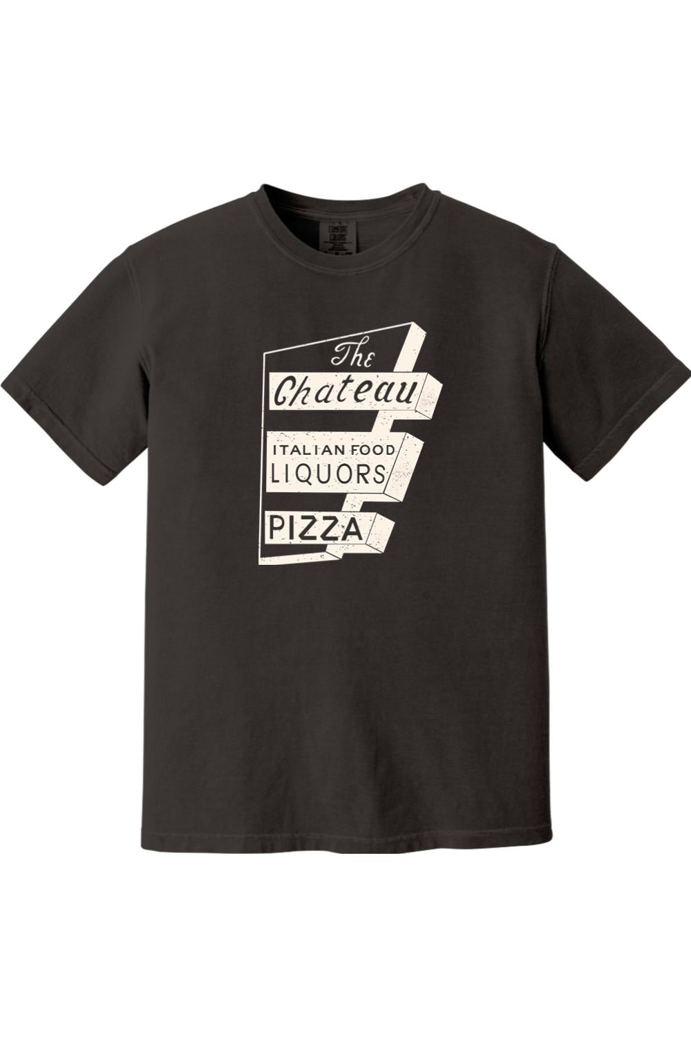 Dark grey Comfort Colors ringspun cotton t-shirt featuring a white vintage Chateau Italian food sign graphic.