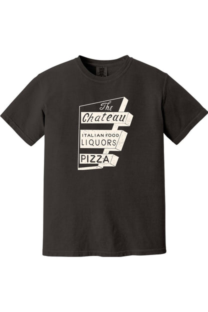 Dark grey Comfort Colors ringspun cotton t-shirt featuring a white vintage Chateau Italian food sign graphic.