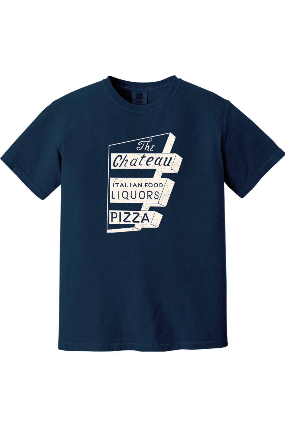 Navy blue Comfort Colors cotton t-shirt featuring a vintage white Chateau Italian Food and Pizza sign graphic.