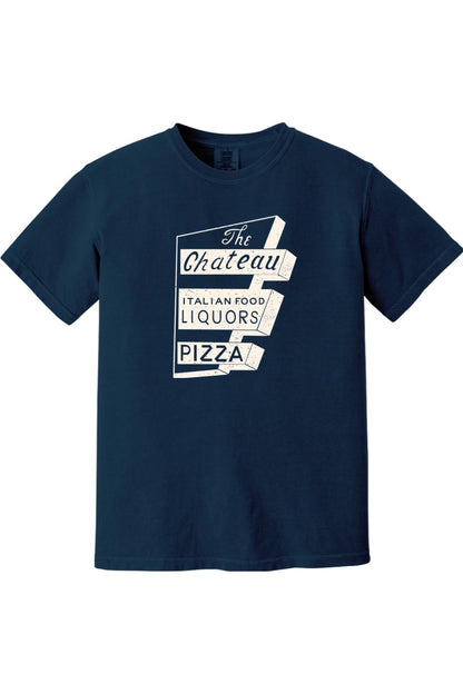 Navy blue Comfort Colors cotton t-shirt featuring a vintage white Chateau Italian Food and Pizza sign graphic.