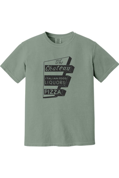Sage green Comfort Colors ringspun cotton t-shirt featuring a vintage The Chateau Italian Food and Pizza sign graphic.