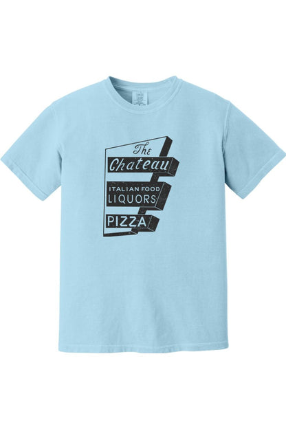 Light blue Comfort Colors ringspun cotton t-shirt featuring a black vintage Chateau Italian food sign graphic.