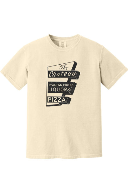 Cream-colored Comfort Colors cotton t-shirt with a vintage black Chateau Italian Food and Pizza sign graphic.