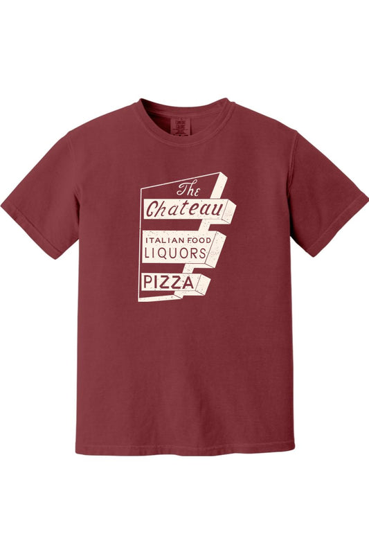Burgundy Comfort Colors ringspun cotton t-shirt featuring a vintage Chateau Italian food and pizza sign graphic.