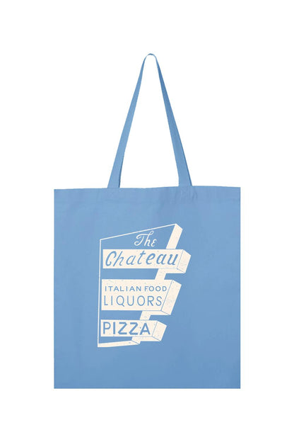 Light blue cotton canvas tote bag featuring a vintage white Chateau Italian Food and Pizza sign graphic.