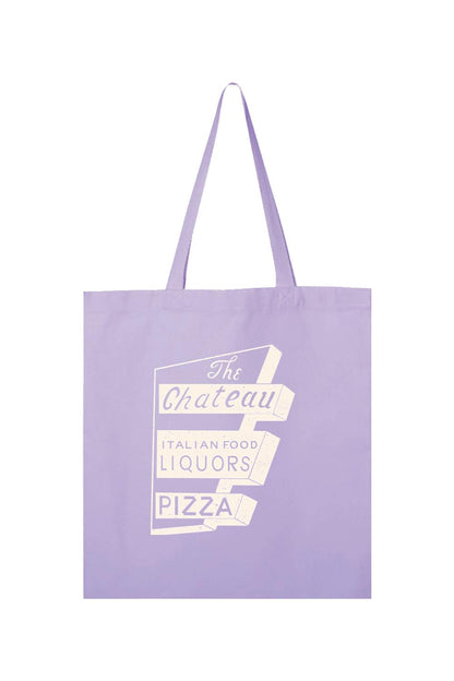 Lavender cotton canvas tote bag featuring a vintage white The Chateau Italian Food and Pizza sign graphic.