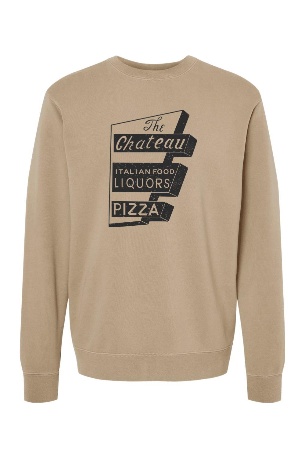 Tan garment-dyed crewneck sweatshirt featuring a vintage black The Chateau Italian Food and Pizza graphic print.