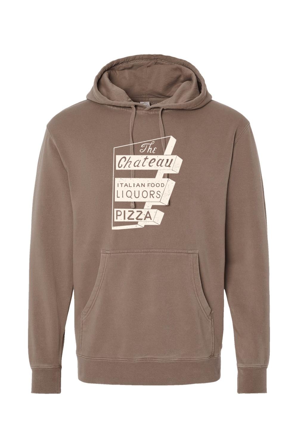 Brown pigment-dyed hoodie with a vintage Chateau Italian Food and Pizza sign graphic and front pouch pocket.