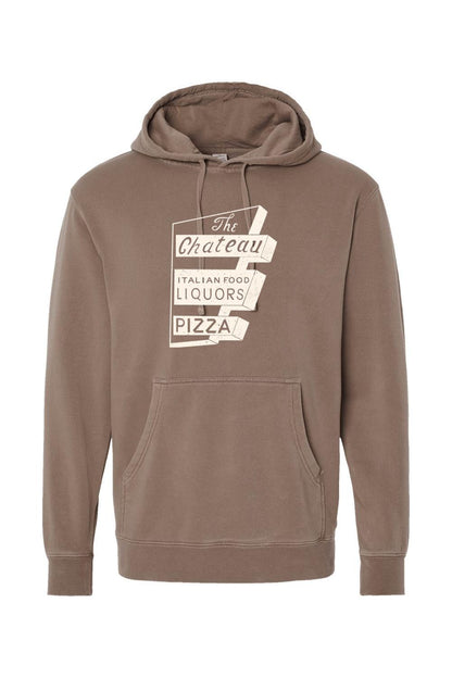 Brown pigment-dyed hoodie with a vintage Chateau Italian Food and Pizza sign graphic and front pouch pocket.