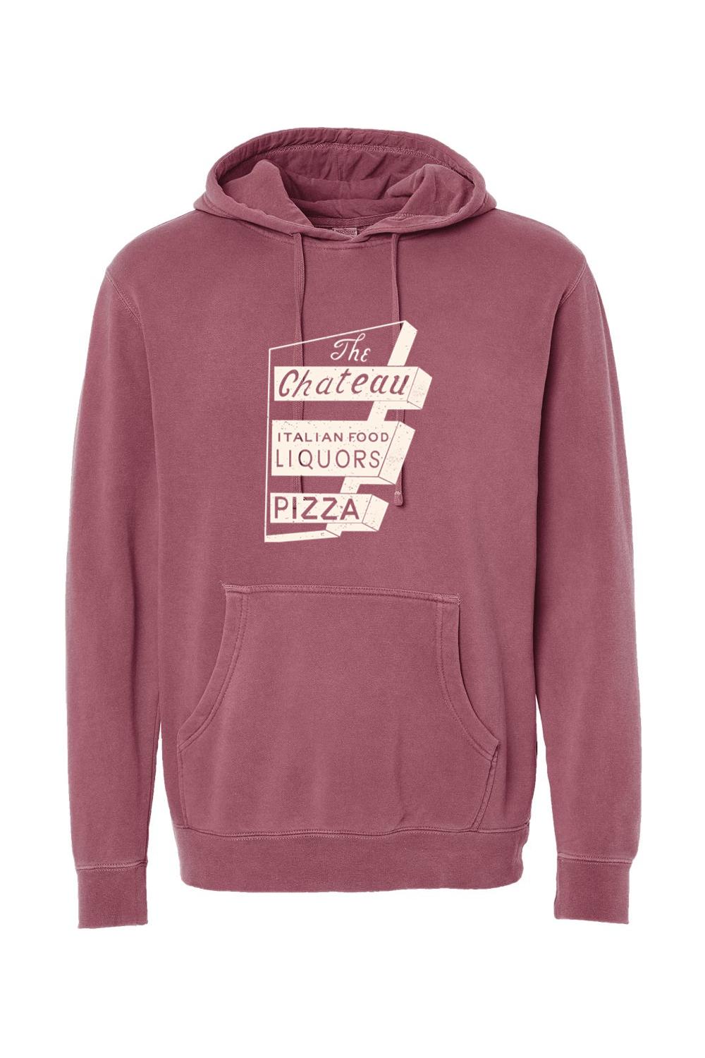 Pigment-dyed maroon hoodie with a vintage Chateau Italian Food and Pizza sign graphic and front pouch pocket.