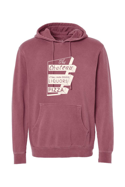 Pigment-dyed maroon hoodie with a vintage Chateau Italian Food and Pizza sign graphic and front pouch pocket.