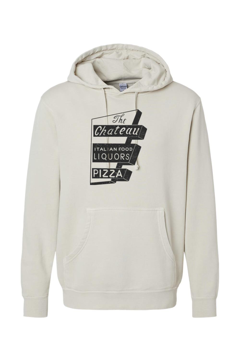 Off-white pigment-dyed hoodie with a vintage black Chateau Italian Food and Pizza graphic print and front pouch pocket.