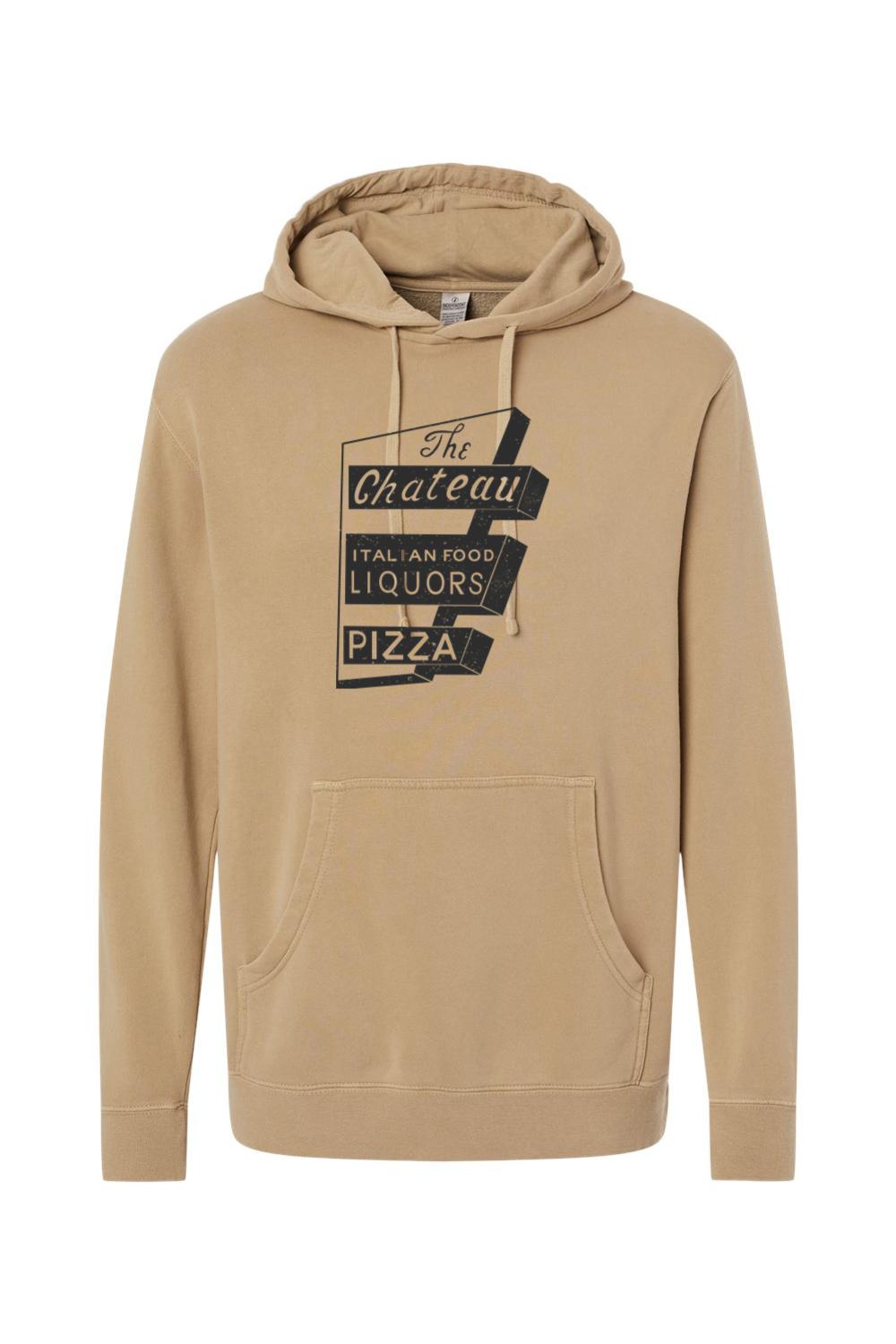 Tan pigment-dyed hoodie with The Chateau Italian Food vintage sign graphic, featuring a pouch pocket and drawstring hood.