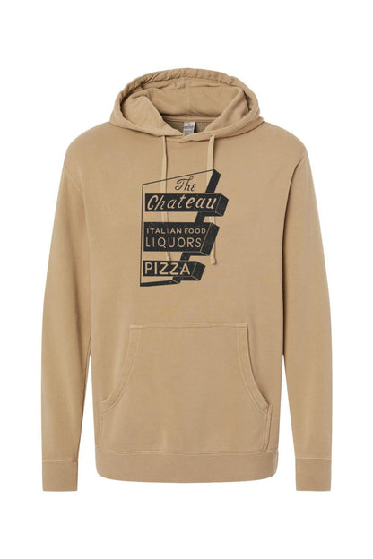 Tan pigment-dyed hoodie with The Chateau Italian Food vintage sign graphic, featuring a pouch pocket and drawstring hood.