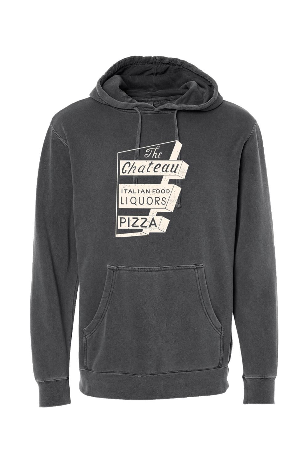 Charcoal pigment-dyed hoodie with a vintage The Chateau Italian Food and Pizza sign graphic on the front.