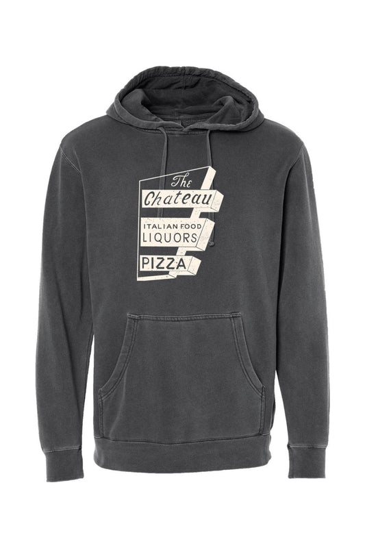 Charcoal pigment-dyed hoodie with a vintage The Chateau Italian Food and Pizza sign graphic on the front.