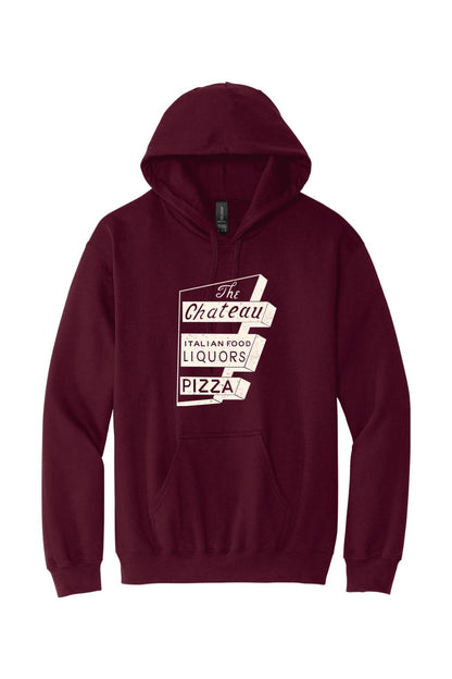 Maroon pullover hoodie featuring a white vintage-style The Chateau Italian Food Liquors Pizza graphic print.
