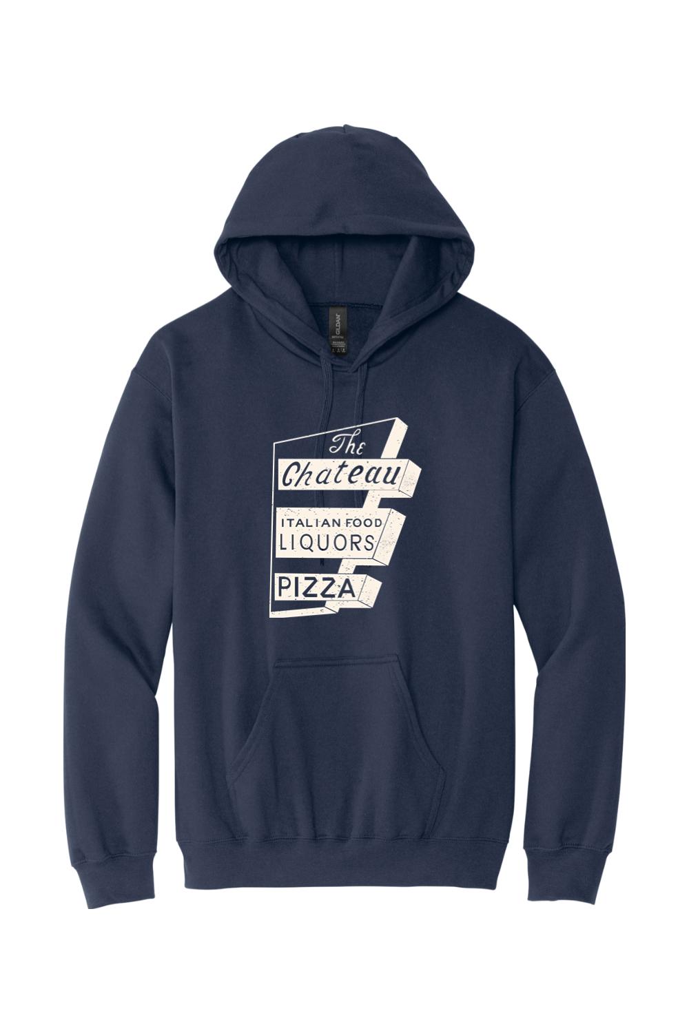 Navy blue pullover hoodie featuring a vintage-style white Chateau Italian Food and Pizza sign graphic.