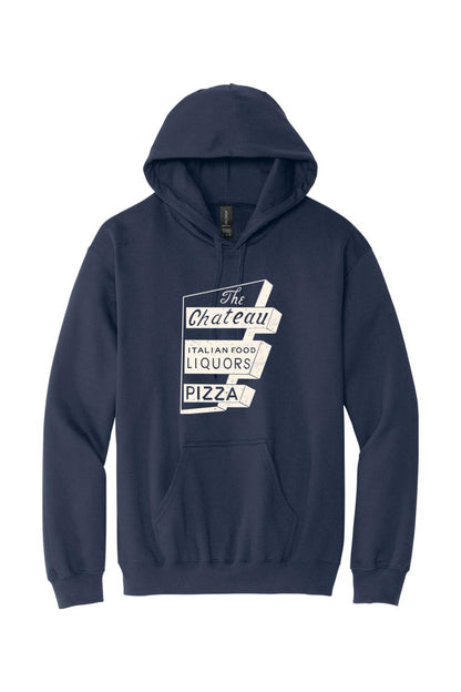 Navy blue pullover hoodie featuring a vintage-style white Chateau Italian Food and Pizza sign graphic.
